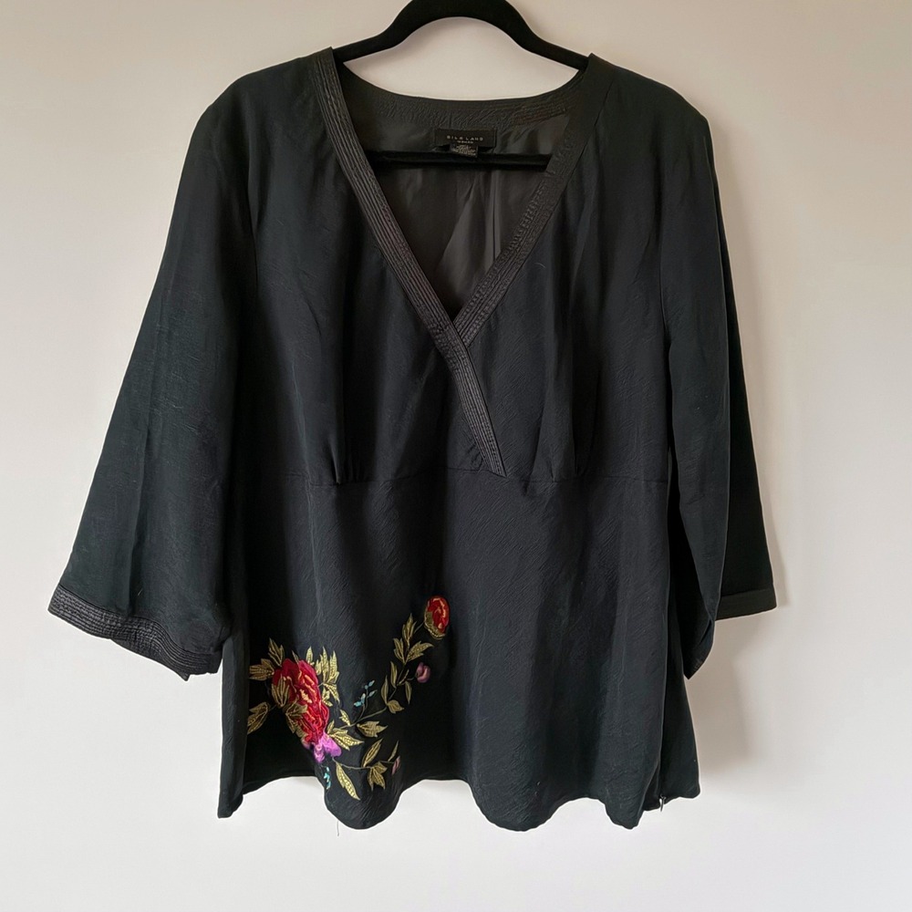 Silk Land Woman Black Floral Embroidered‎ V-Neck Silk Blouse 3/4 Sleeve Lined 2X